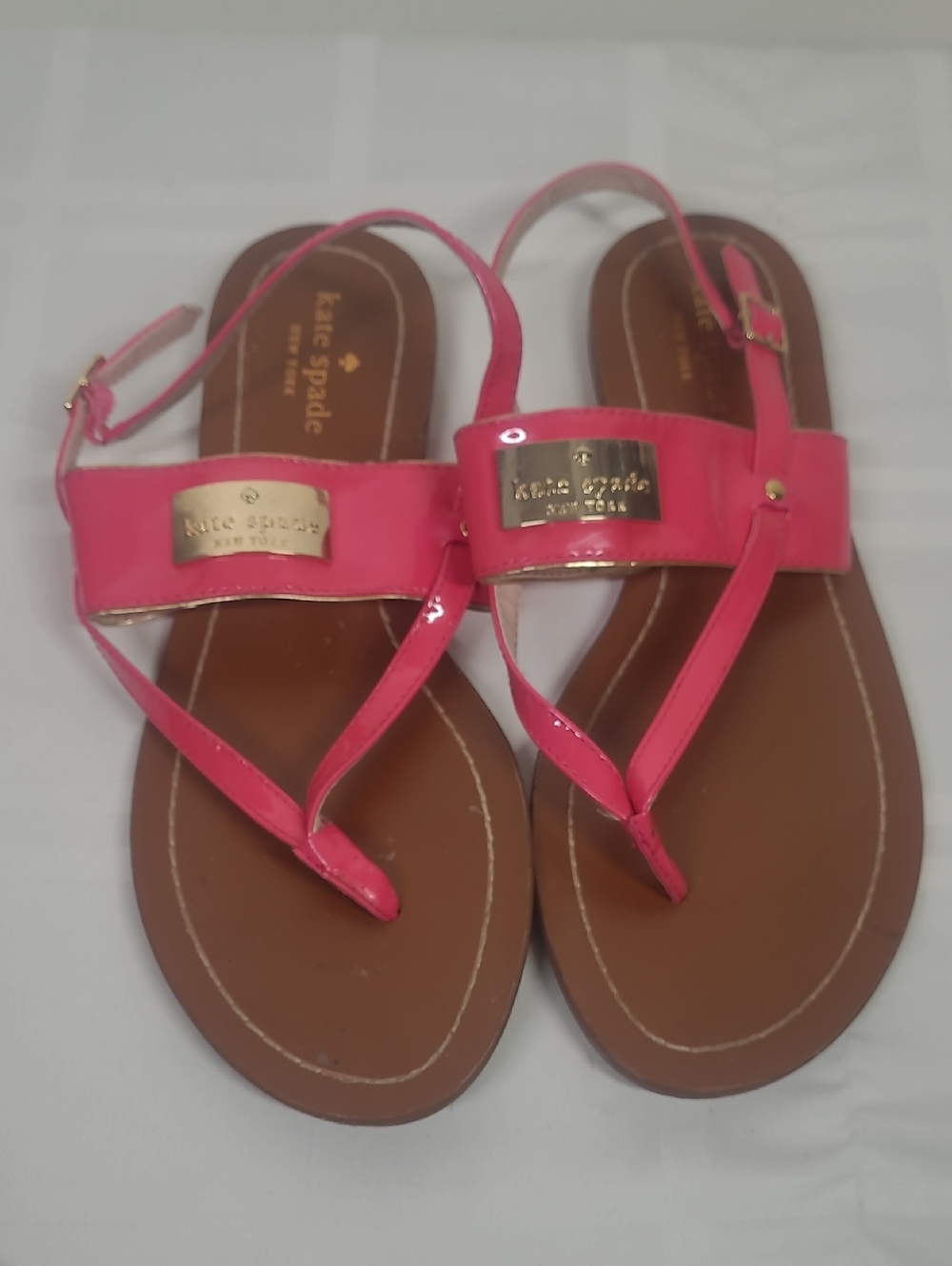 kate spade Hot Pink Patent Leather T-Strap Logo Sandals